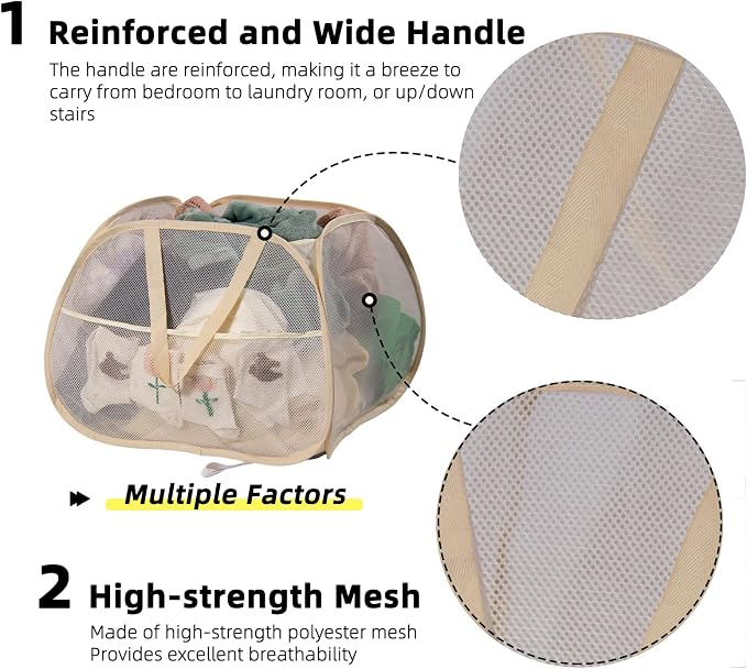 Collapsible Laundry Basket, 90L Foldable Pop-up Laundry Hamper with Handles, Square Mesh Dirty Clothes Hamper for Laundry, Bathroom, Kids Room, Dorm,Travel or Camping (Beige)