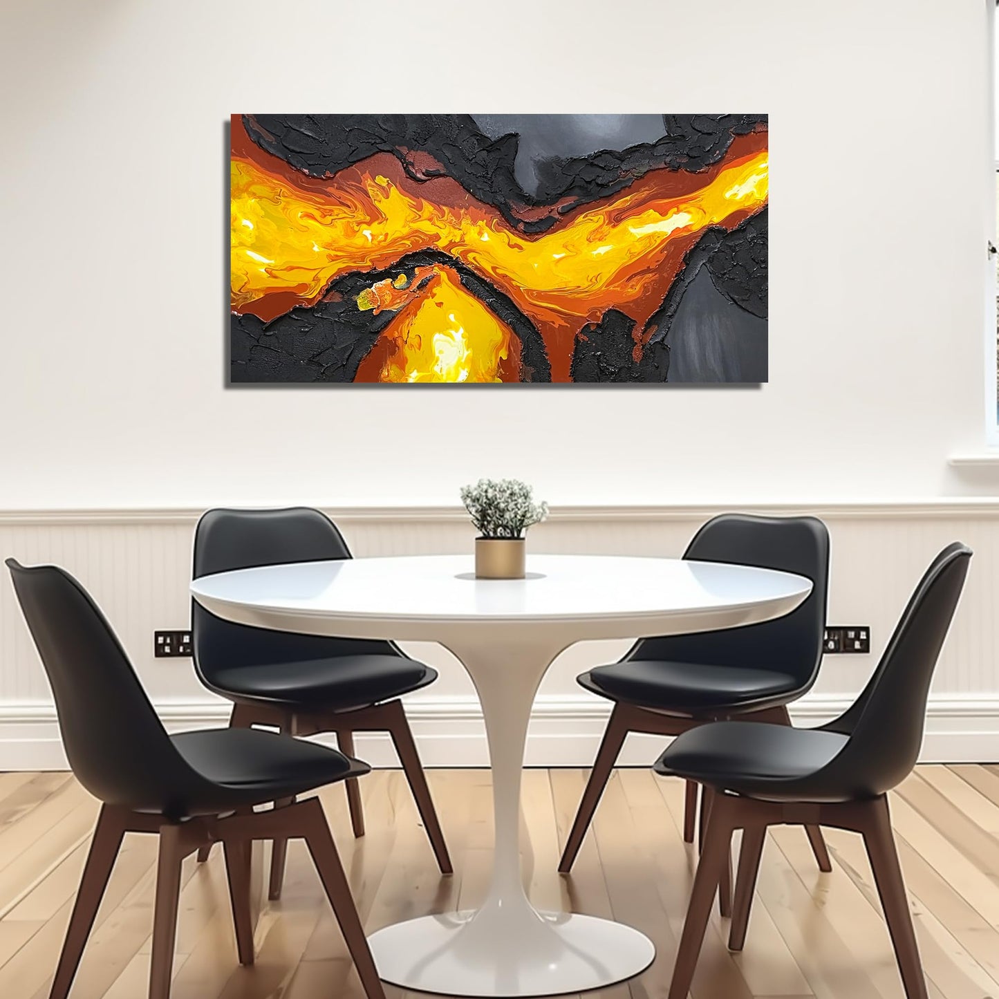 GUGIKA Abstract Wall Art for Living Room, Hand Painted 3D Textured Magma Paintings, Black and Gold Yellow Volcanic Lava Canvas Wall-Decor for Bedroom, Size 40 x 20 Inches