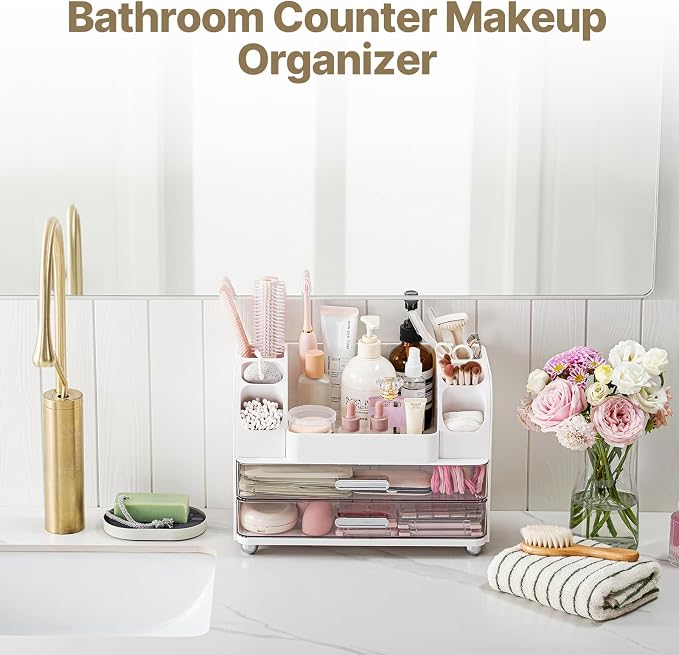 Makeup Organizer with Brush Holder, Makeup Organizer Countertop with 2 Drawers, Make up Organizers for Vanity, Vanity Organizer, Makeup Storage For Skin Cares,Makeup Brushes,Lipsticks,Perfumes(White)