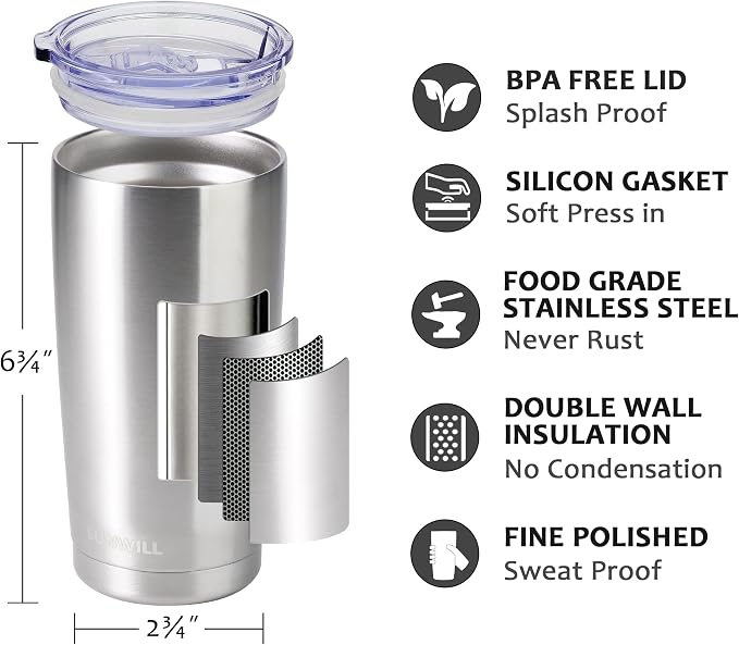 SUNWILL Travel Coffee Tumbler 20 oz, Stainless Steel Mug with Lid, Insulated Cup for Water, Tea, Hot and Cold Drinks, Silver