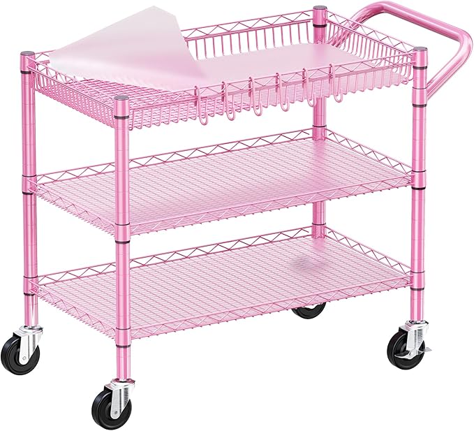 WDT Pink Rolling Utility Cart with Wheels, 990Lbs Heavy Duty Metal Cart with Handle & Shelf Liners, NSF Certified 3-Tier Storage Trolley for Esthetician, Kitchen, Salon & Craft Room, Pink
