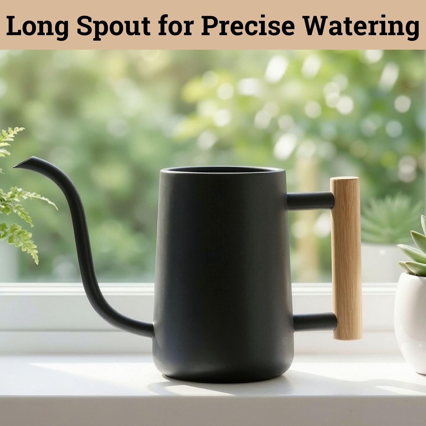 35 Ounce Metal Small Indoor Watering Can with Long Spout & Real Wood Handle for House Plants, Succulents, Cacti & Seedlings - Black Long Spout Watering Can Indoor Plants - Gentle Flow & No Spills