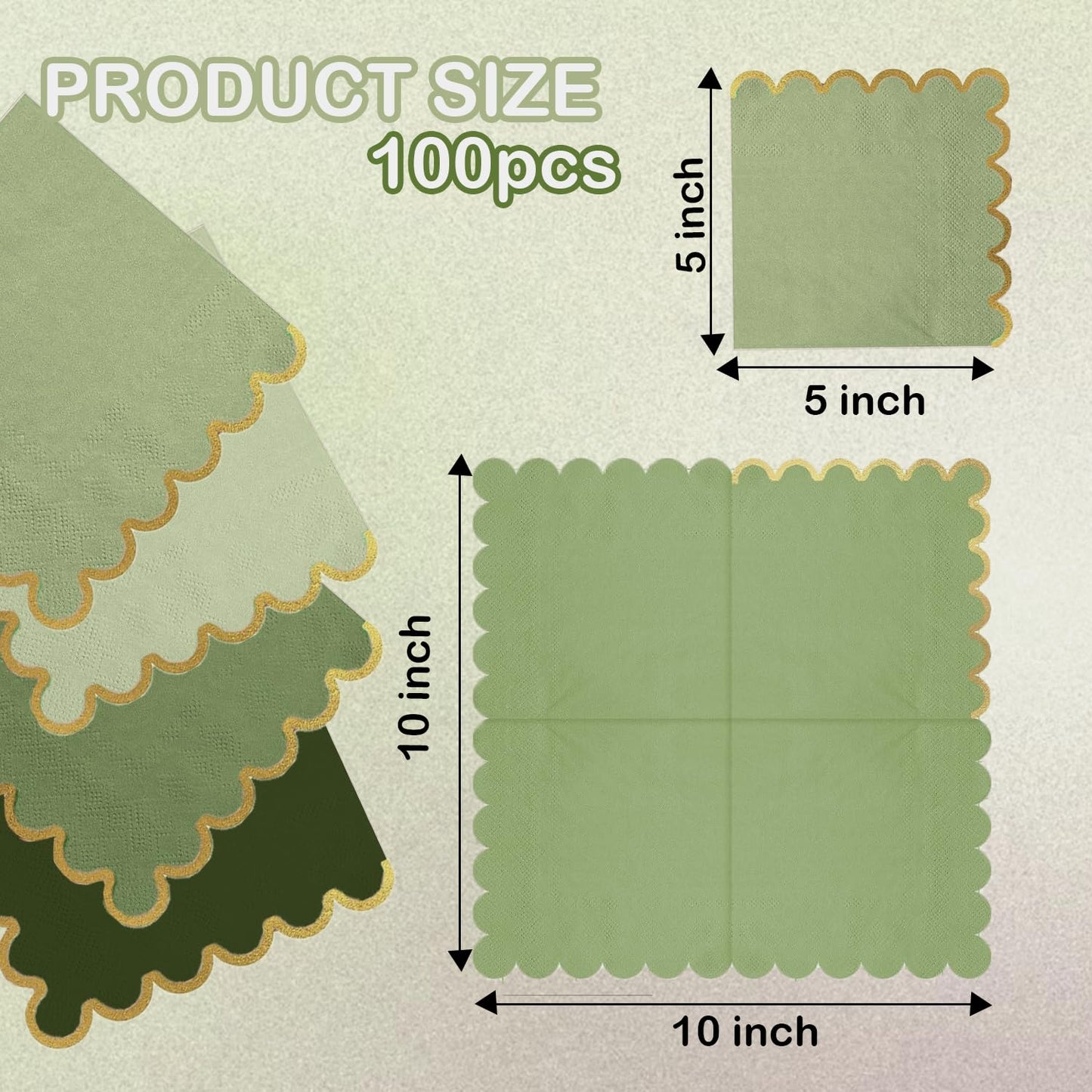 100 pack Green Cocktail Napkins with Gold Foil Accents Scalloped Edges 5 x 5 inch Beverage Disposable Napkin Party Decoration Wedding Bridal and Baby Shower Dinner Lunch Supplies