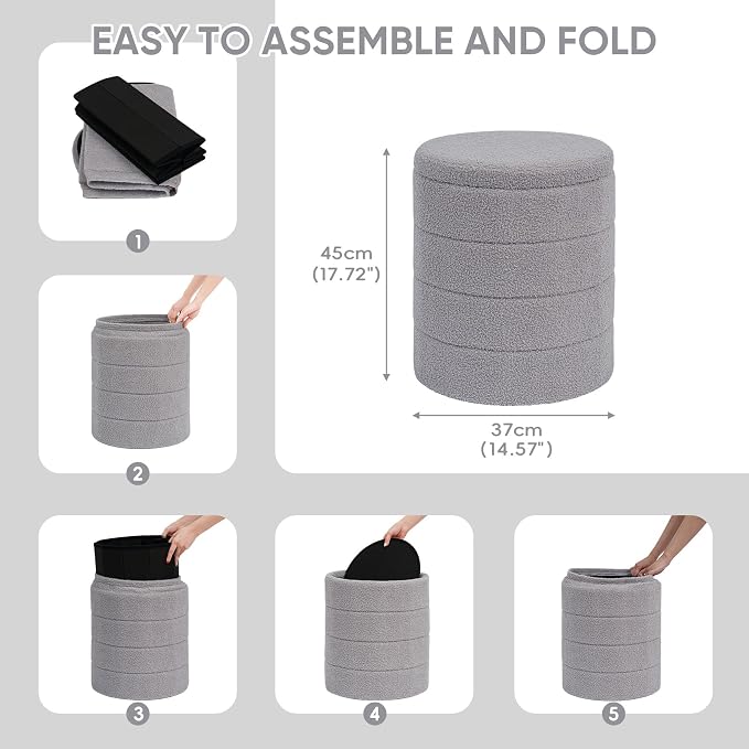PINPLUS Round Storage Ottoman Foot Rest Stool with Tray Velvet Sherpa Folding Storage Ottoman,Boucle Foot Rest for Living Room, Bedroom, Dorm（Grey）