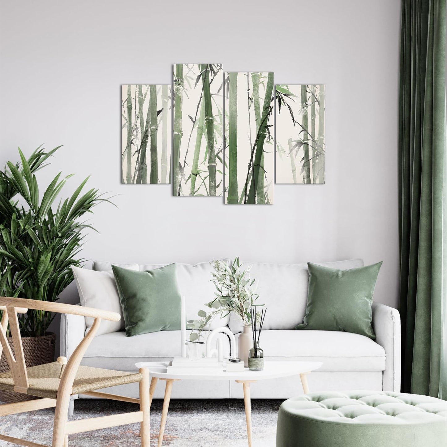 Biuteawal 4 Panels Bamboo Canvas Wall Art Chinese Painting of Bamboo Forest Nature Picture Print Green Zen Artwork for Meditation Spa Yoga Room Bedroom Decor Ready to Hang