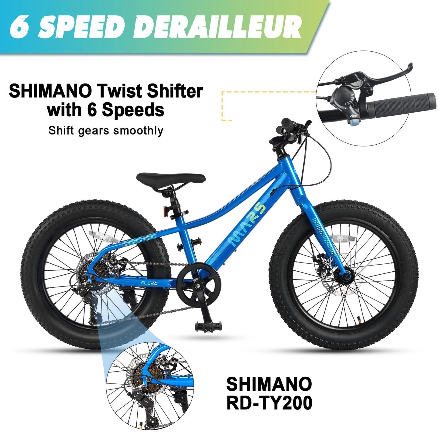 Glerc Mars Kids Mountain Bike, 24 Inch Fat Tire Bike for Teen Ages 8-14 Year Old, Bicycle with 2.8-Inch Wide Tires and 6 Speed Drivetrain, Blue