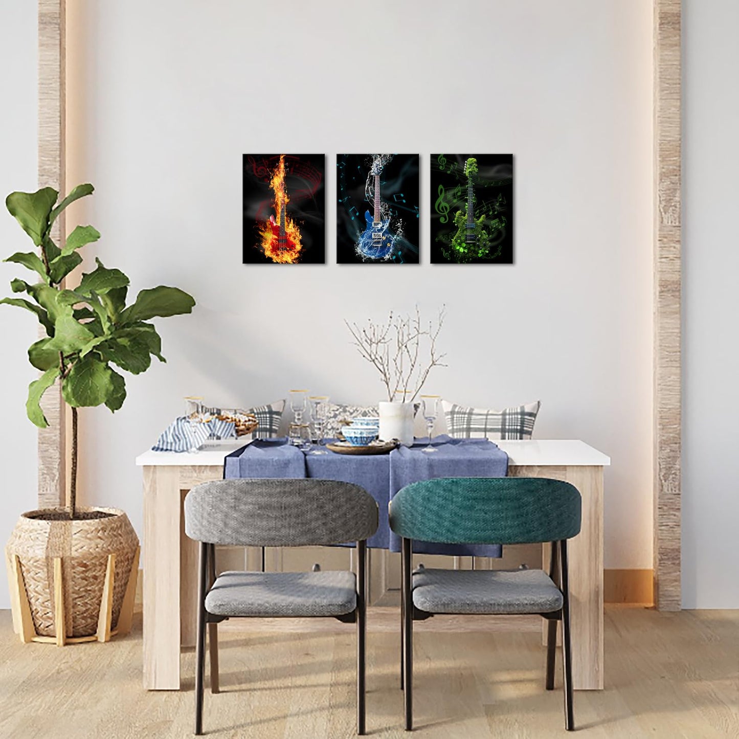 iLOOKLiKE 3 Pieces Red Blue Green Guitar Art Wall Decor Musical Instruments Themed Painting Pictures Music Notes Canvas Prints Framed for Studio Living Room Decoration Ready to Hang 12x16inchx3pcs