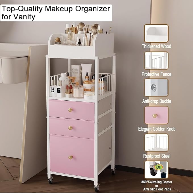 Makeup Organizer Cart with Drawers, Make up Organizers for Vanity, Floor Skincare Organizers- for Cosmetics, Nail Polish, Art Supply, Bathroom Vanity Desktop Organizer (White)