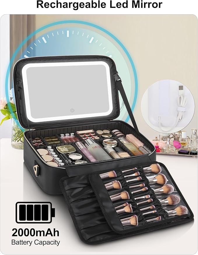 Relavel Travel Makeup Bag With LED Mirror, 16.2" Large Makeup Train Case, 3 Color Scenarios Adjustable Brightness, Waterproof Makeup Train Case Organizer with DIY Dividers for Makeup Artist, Black