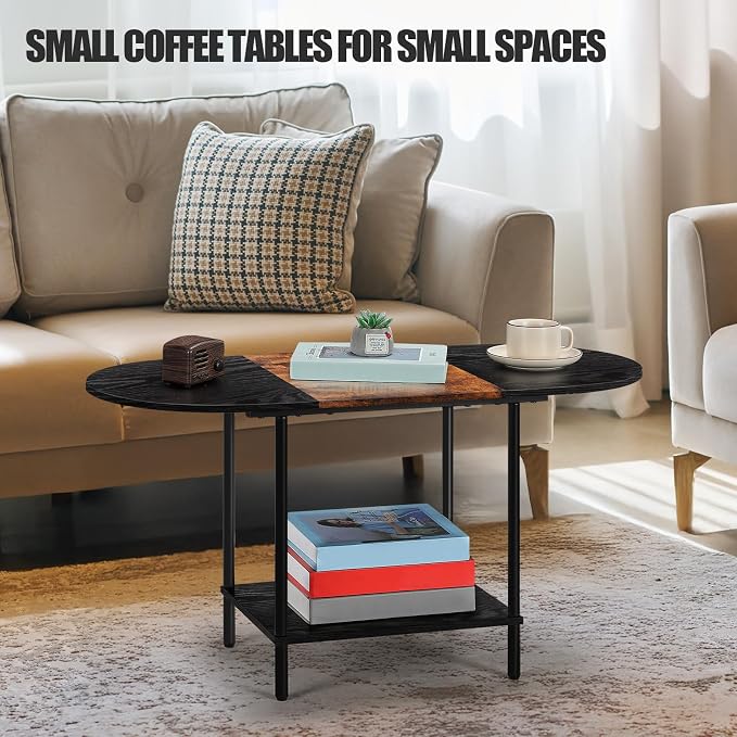 Coffee Tables for Living Room,Mid Century Small Oval Center Table with 2-Tier Storage Shelf and Wood Tabletop,Farmhouse Narrow Cocktail Tea Table for Small Space,Apartment,Black Brown