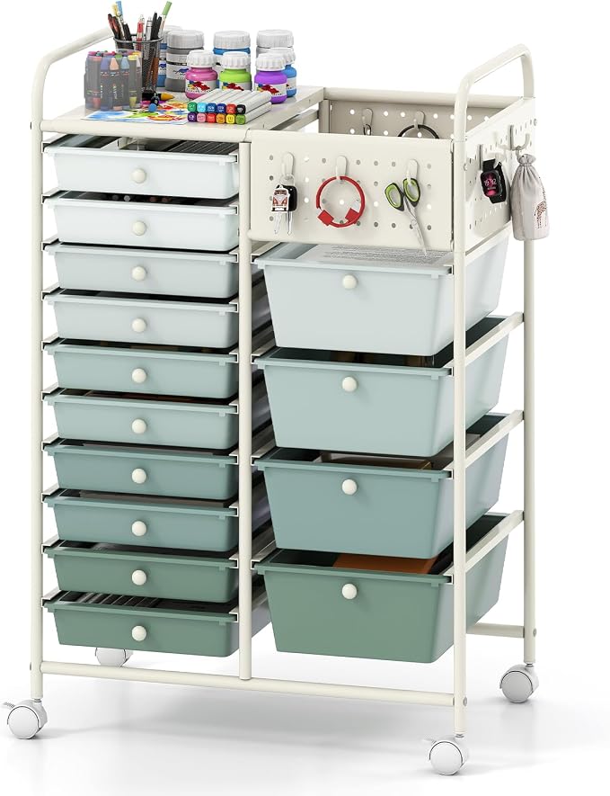 Giantex 14 Drawer Storage Cart, Rolling Craft Cart with Metal Tabletop & Pegboard, Mobile Utility Organizer Trolley with Locking Wheels, Home Office, Green Gradient