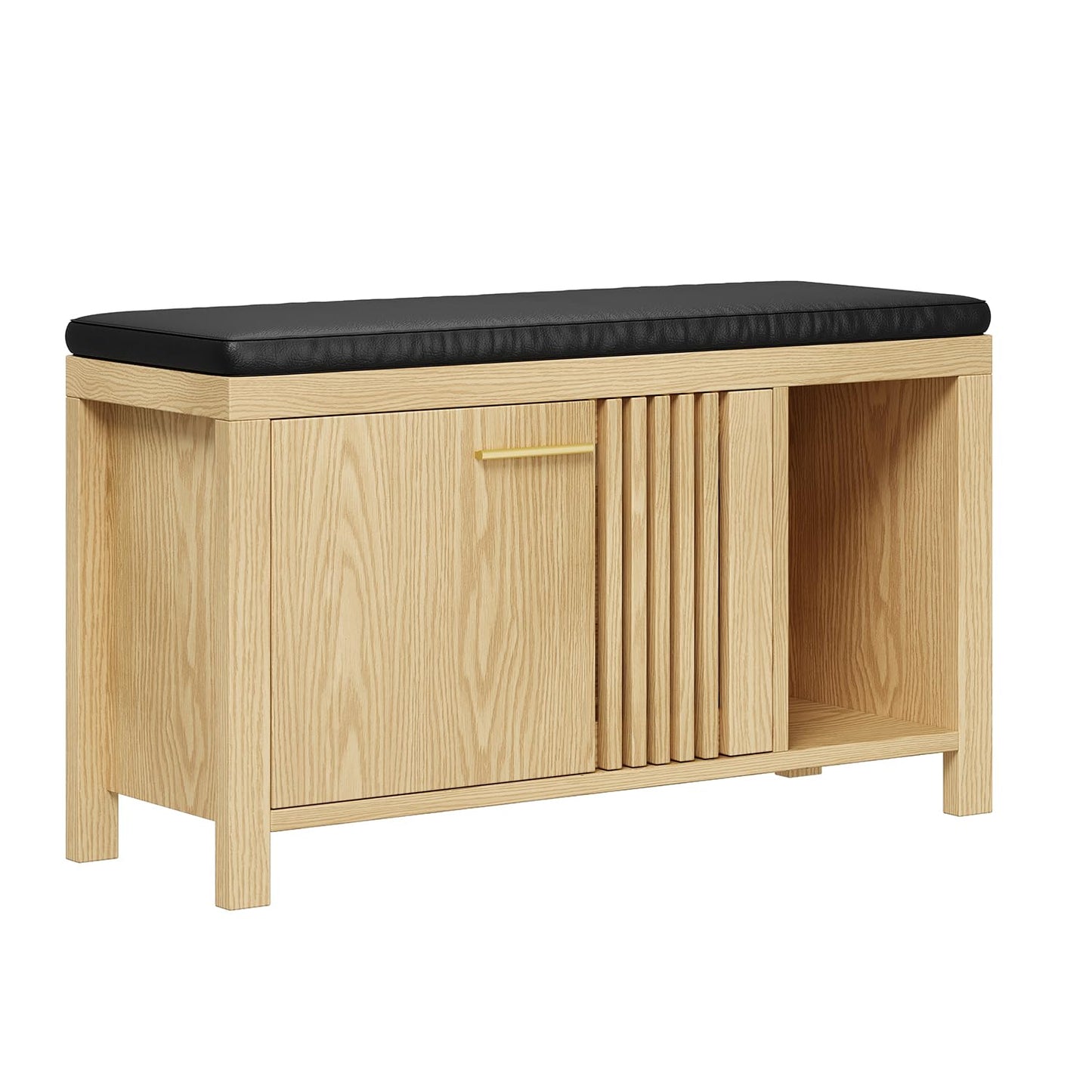 UNIQUITE 40" Shoe Storage Bench with Flip Drawers & Padded Seat Cushion, Open Compartments & Slatted Doors, Entryway Bench with Shoe Storage for Entryway, Hallway, Living Room, Bedroom, Natural