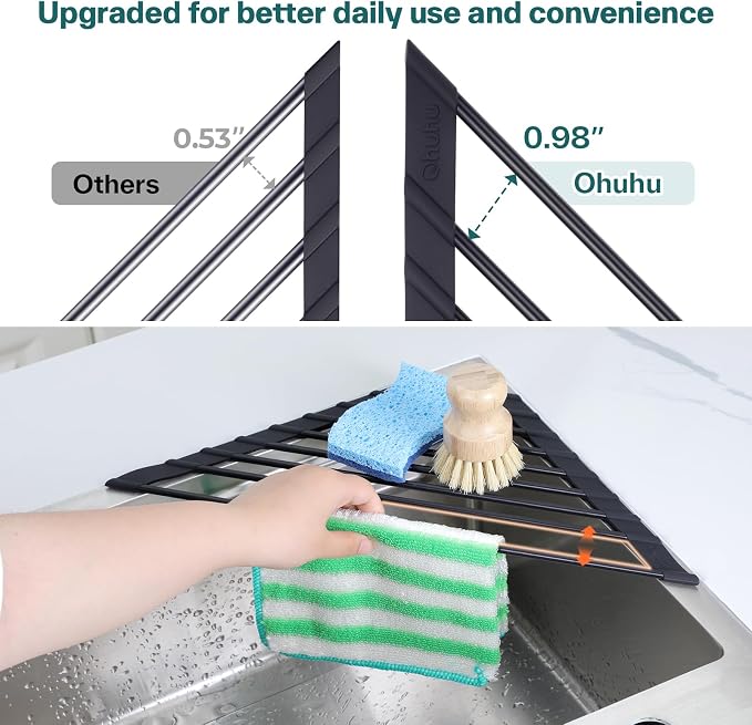 Ohuhu Corner Sink Caddy, Sponge Holder for Kitchen Sink Organizer - Silicone Wrapped Steel Anti Slip Rust Triangle Over the Sink Roll-UP Dish Drying Rack for Sink Corner Kitchen Sink Accessories