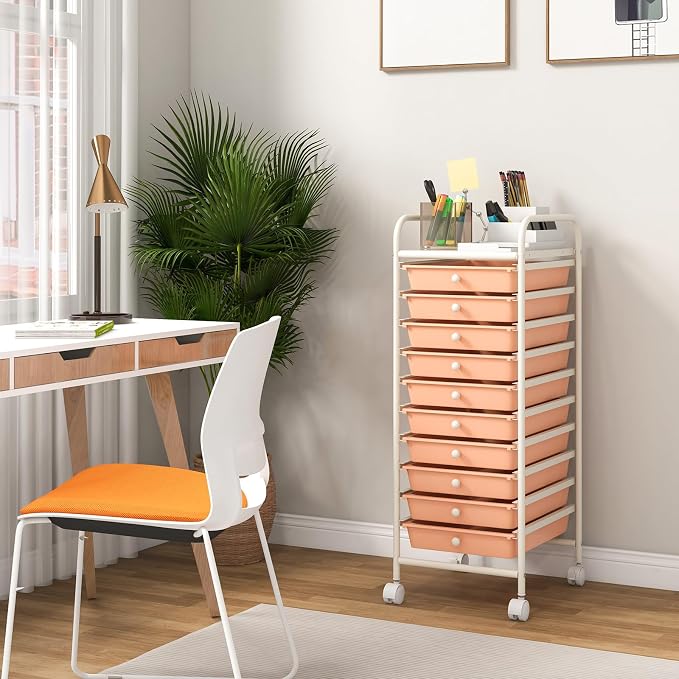 COSTWAY 10-Drawer Rolling Storage Cart, Utility Mobile Trolley with Removable Drawers & Universal Casters & 2 Brakes, Versatile Flexible Drawer Organizer Cart for Home, Office, Peach