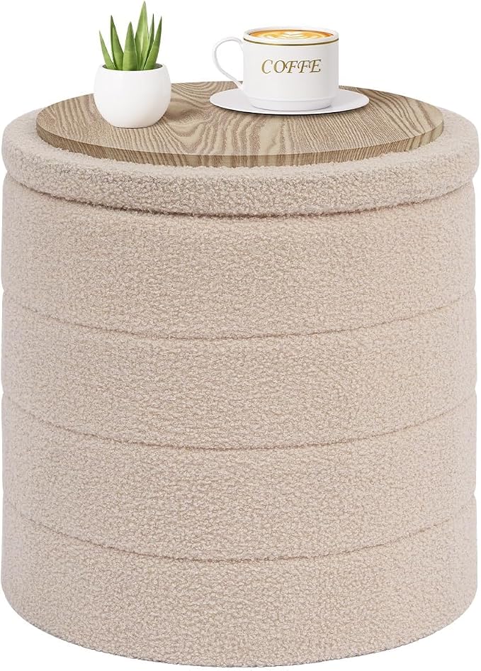 PINPLUS Round Storage Ottoman Foot Rest Stool with Tray Velvet Sherpa Folding Storage Ottoman,Boucle Foot Rest for Living Room, Bedroom, Dorm,Beige Color