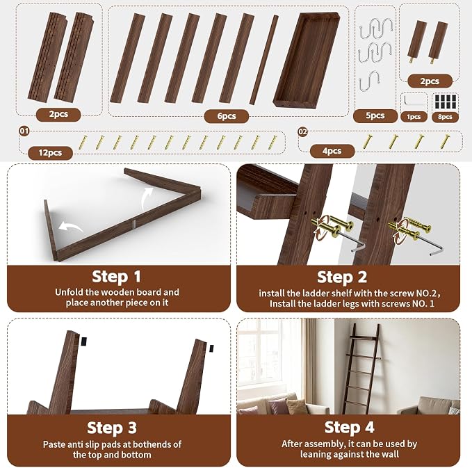 Farmhouse Wooden Blanket Ladder with Shelf,6-Tier Rustic Quilt Towel Rack Decorative Holder Wall Leaning Storage with Removable Hooks for Home Living Room Bedroom Decor Brown