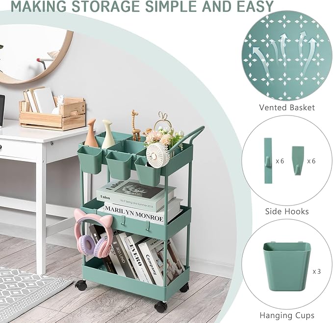 danpinera Storage Cart on Wheels, 3 Tier Bathroom Cart Organizer Slim Laundry Narrow Shelf with Wheels Dividers Hanging Cups Hooks Handle Easy Assembly, Green