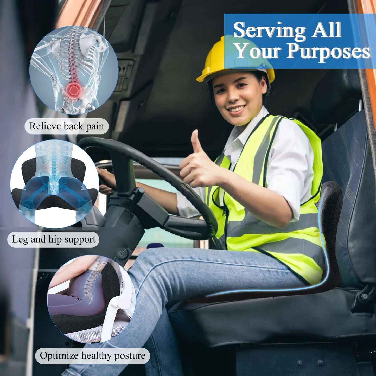 Ergonomic Seat Cushion with Adjustable Strap, Memory Foam Office Chair Seat Cushion with L-Shaped Design, Car Seat Cushion Fits for Truck Driver Semi Truck, Gaming Chair, Desk, Light&Dark Gray