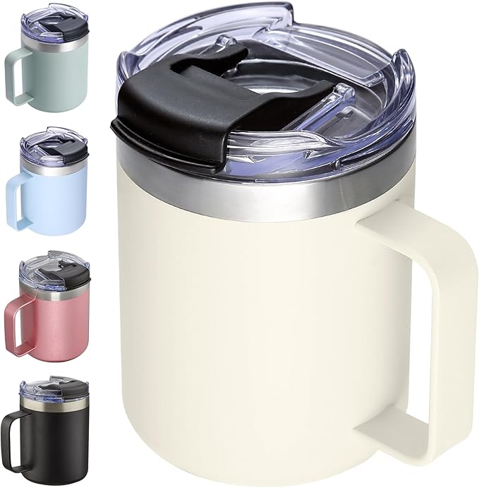 12oz Insulated Coffee Mug Cup with Handle, Stainless Steel Travel Coffee Mug with Flip Lid, Double Wall Vacuum Coffee Tumbler, Cream