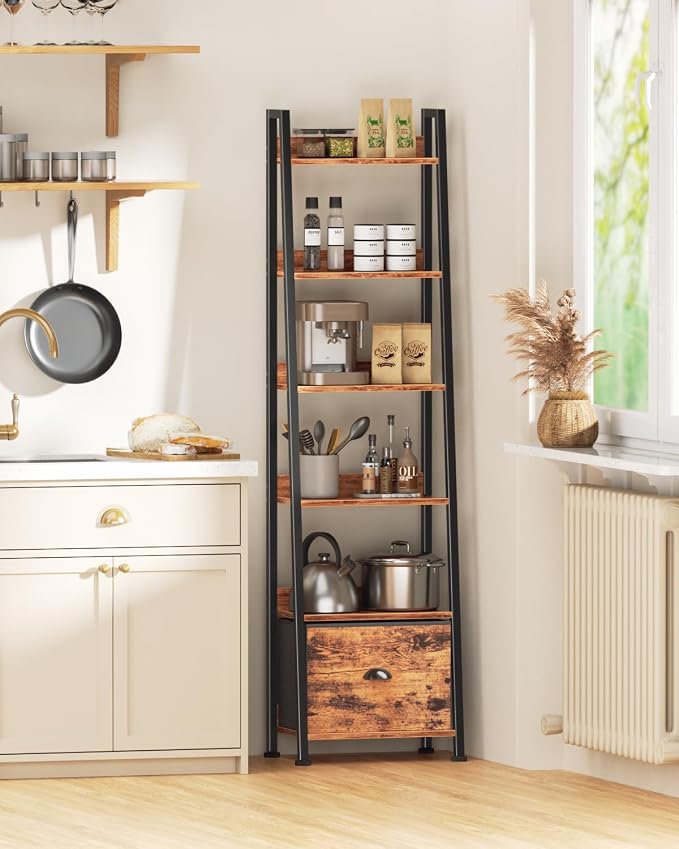 Furologee Bookshelf Set of 2, 6-Tier Ladder Shelf, Ladder Bookshelf with Drawer, Set of 2 Bookshelves, Metal Storage Shelf for Living Room, Home Office, Bedroom, Balcony,Kitchen, Rustic Brown