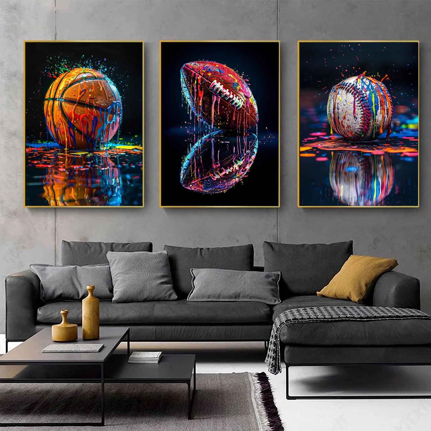 3Pcs Graffiti Sports Canvas Wall Art Boys Room Rustic Football Baseball Rugby Wall Decor Picture American Football Painting Posters Prints for Nursery Playroom Living Bedroom Decoration No Frames