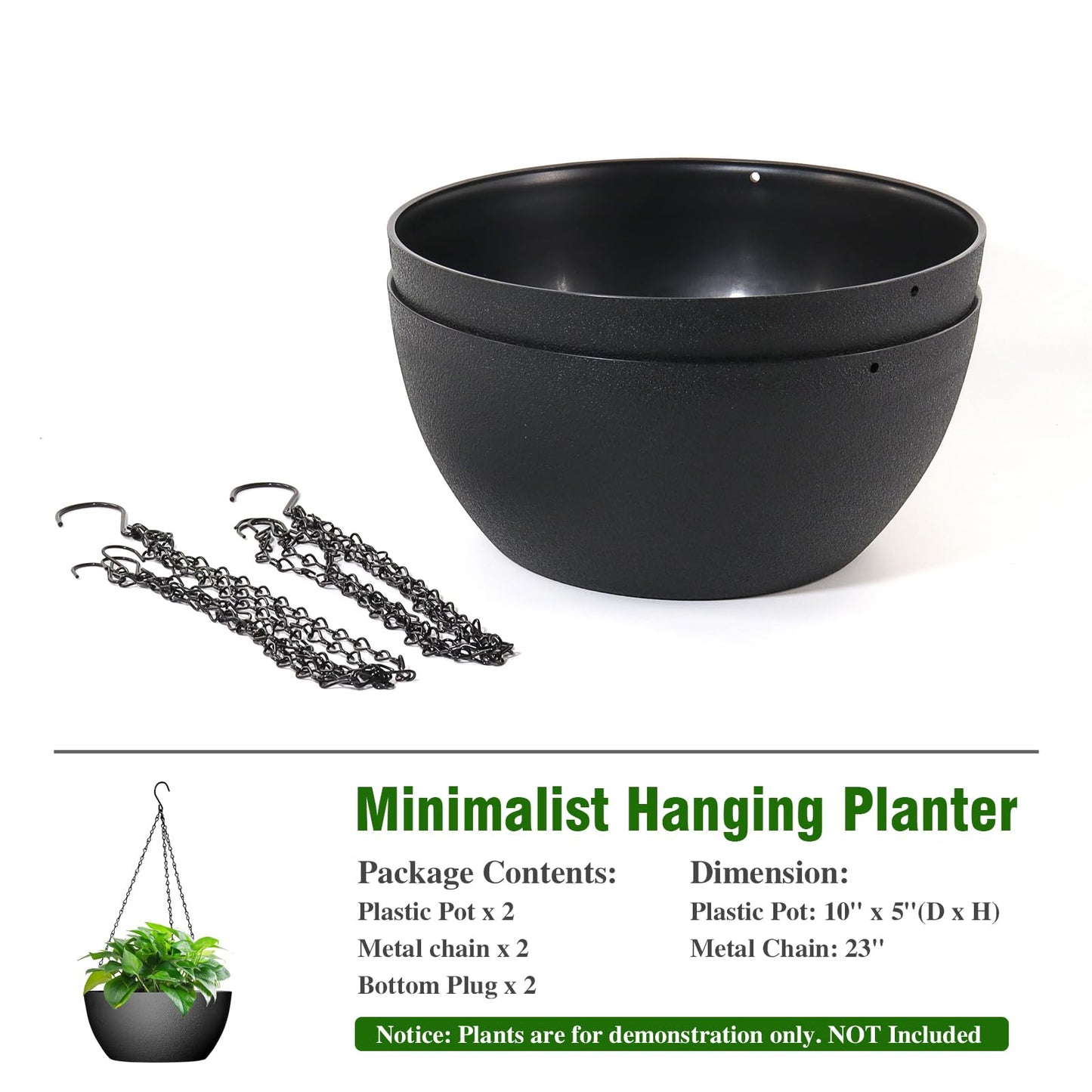 WSMKSZ 10 inch Hanging Planters for Outdoor Indoor Plants with Drainage Holes and Chain, 2 Pack Round Hanging Flower Pots for Garden Home Porch Decor, Black