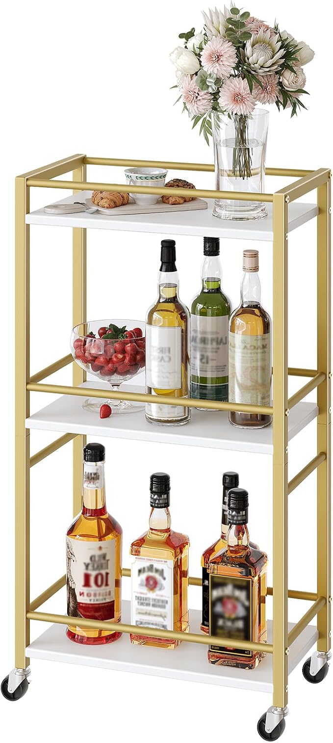 MAHANCRIS Bar Cart for The Home, 3-Tier Drink Cart on Wheels, Home Bar Serving Cart, Mini Bar Cart for Small Space, Rolling Kitchen Carts for Bar, Kitchen, Dining Room, Gold RCJW4001