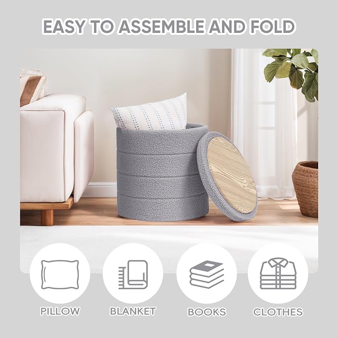 PINPLUS Round Storage Ottoman Foot Rest Stool with Tray Velvet Sherpa Folding Storage Ottoman,Boucle Foot Rest for Living Room, Bedroom, Dorm, Dorm,Grey Color