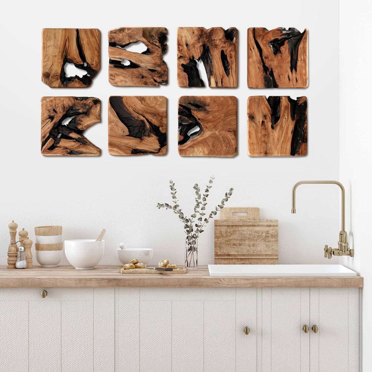 WELLAND 4 Pieces of Handmade Wall Sculptures, Rustic Abstract Wall Decor for Living Room, Bedroom, Bathroom, Dining Room, Home Office