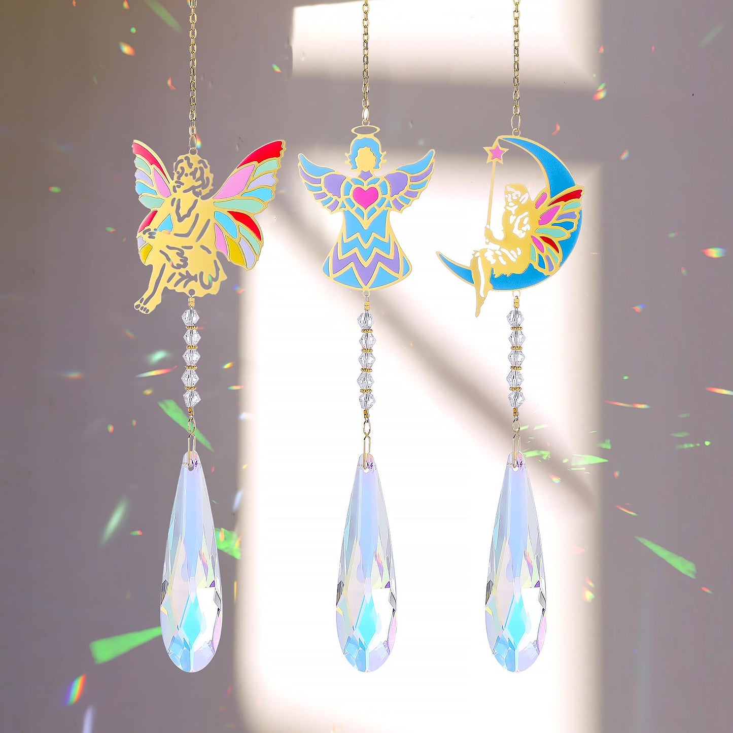 Crystal Sun Catcher Angel Rainbow Maker Hanging Suncatchers Window Decor Christmas Ornaments for Tree Gift for Mom Women Set of 3