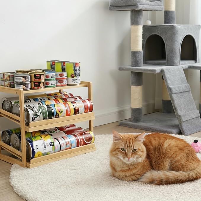 Yumkfoi Can Organizer for Pantry, 3 Tiers | Hold up to 72 3oz Cat Can, Rolling Can Storage, Soda Dispenser, For Cabinet