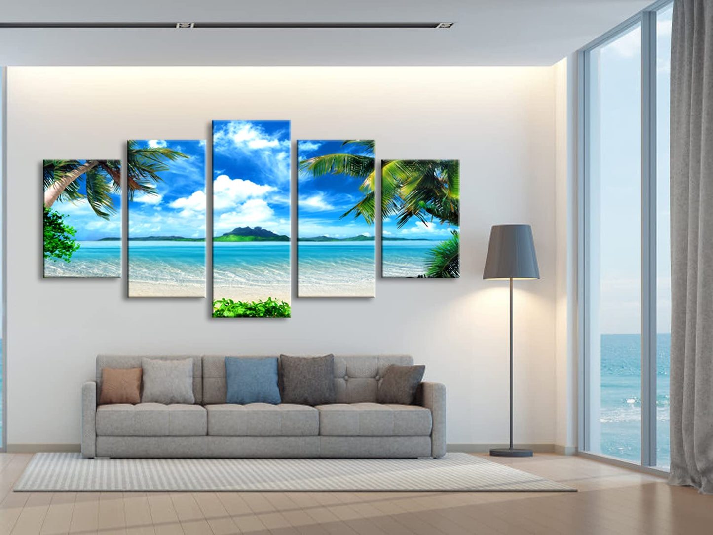 Pyradecor Modern 5 Piece Canvas Prints Artwork Contemporary Landscape Blue Sea Beach Pictures Paintings on Canvas Wall Art for Living Room Home Decorations Extra Large