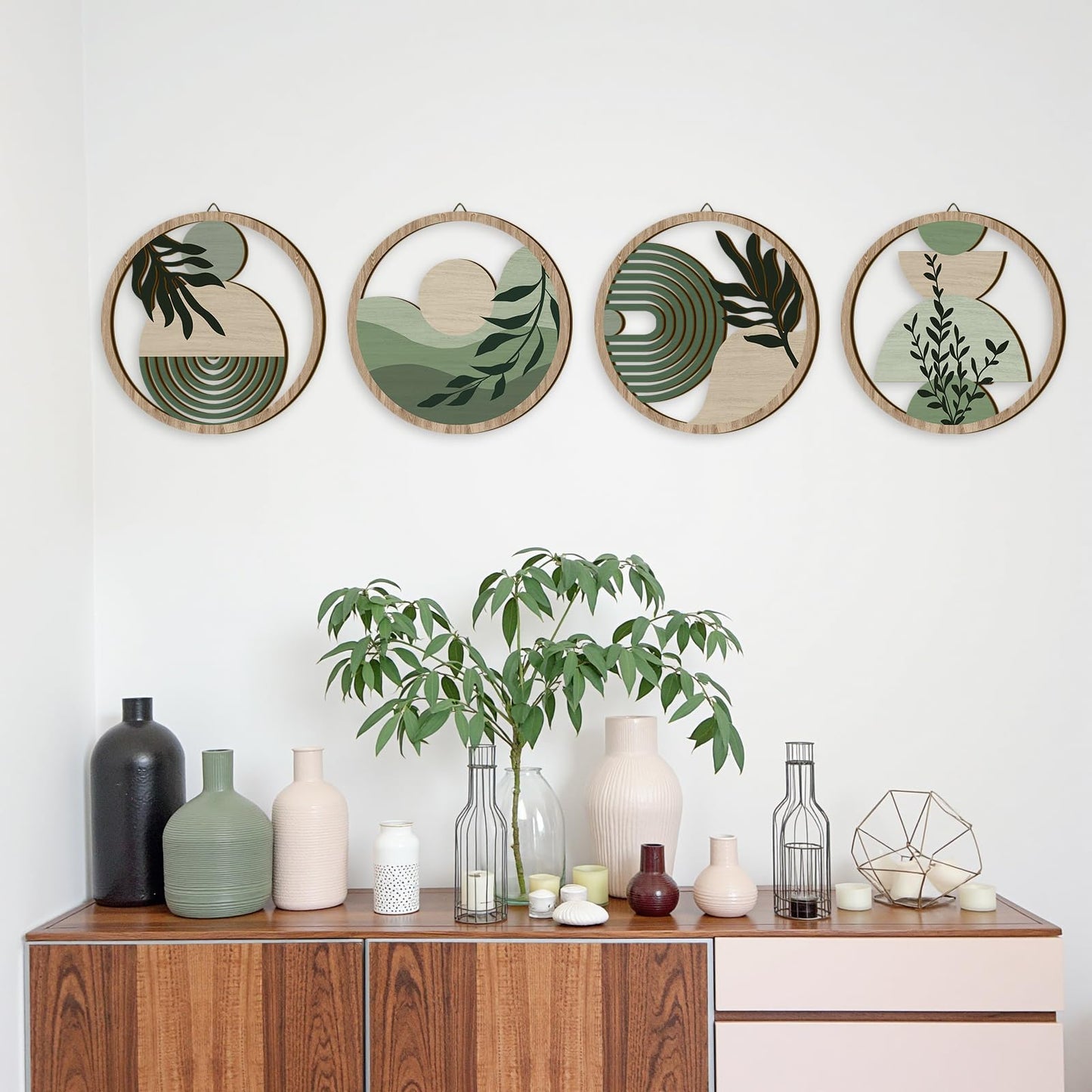 TOARTi 4 Pieces Green Botanical Wooden Wall Art Bohemian Hanging Art Farmhouse Geometric Wooden Wall Decor Aesthetic Tropical Plant Artwork Boho Minimalist Wall Decor for Bedroom Living Room