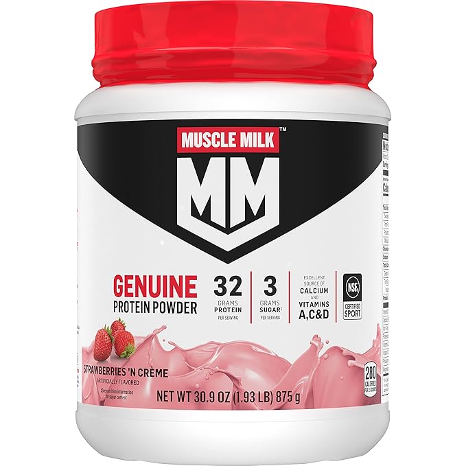 Muscle Milk Genuine Protein Powder, Strawberries ?˜N Crème, 1.93 Pounds, 13 Servings, 32g Protein, 3g Sugar, Calcium, Vitamins A, C & D, NSF Certified for Sport, Energizing Snack, Packaging May Vary