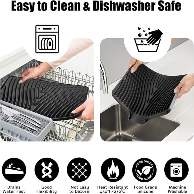 TIKNIK Silicone Dish Drying Mat for Kitchen Counter - Heat Resistant & Non-Slip Dish Drain Pad with Built-In Drain, Dishwasher Safe, Quick-Dry, Hangable & Roll-Up for Storage, Black-1pc, 20" x 15"