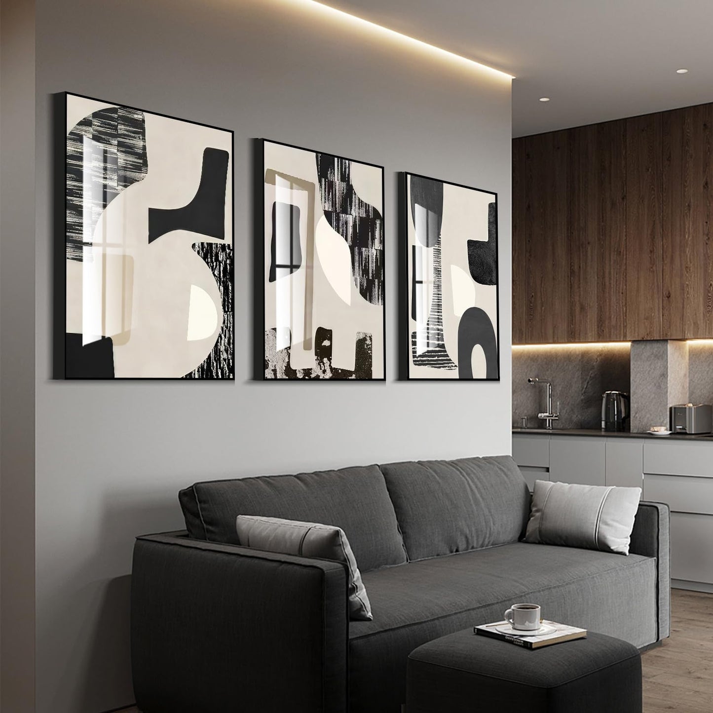 QKF Modern Abstract Wall Art Large Geometric Black and White 3 Piece Canvas Painting for Living Room Contemporary Wall Decor with High Gloss Finish 16x24 Inches Set