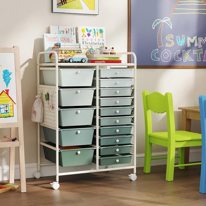 Giantex 15 Drawer Storage Cart, Rolling Craft Cart with Metal Tabletop & Pegboard, Mobile Utility Organizer Trolley with Locking Wheels, Home Office, Green Gradient