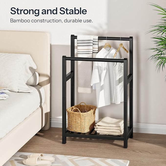HOOBRO Freestanding Towel Rack for Bathroom, 2 Tier Decorative Bamboo Blanket Rack, Quilt Display Stand with Storage Shelf, 16.5" L x 9.4" W x 30.5" H, Bedroom, Living Room, Black BK02LB01