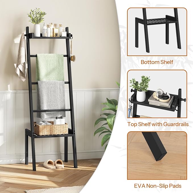 HOOBRO Blanket Ladder, 5 Tier Bamboo Ladder Shelf, Blanket Ladders for Living Room and Bedroom, Farmhouse Blanket Holder Rack for Storage and Home Decor, Decorative Towel Rack, Black BK91CJ01G1