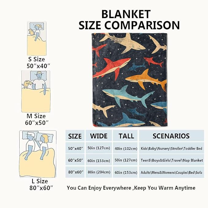 Shark Blanket Vibrant Sharks Dark Throw Blankets,Birthday Gifts for Girls Boys Women & Ocean Lovers,Lightweight Soft Fleece,for Sofa Couch Bed Room Sea Life Decor 40x50in