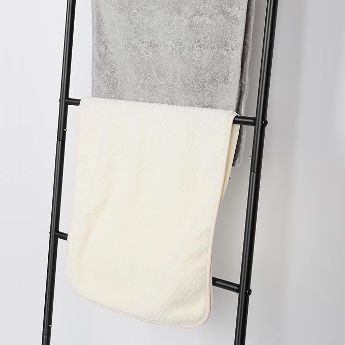 Vrisa Blanket Ladder Wall Leaning Blanket Rack Farmhouse 5-Tier Metal Blanket Holder with Shelf Bath Towel Storage for Bathroom Quilt Bedroom Living Room Pool Black