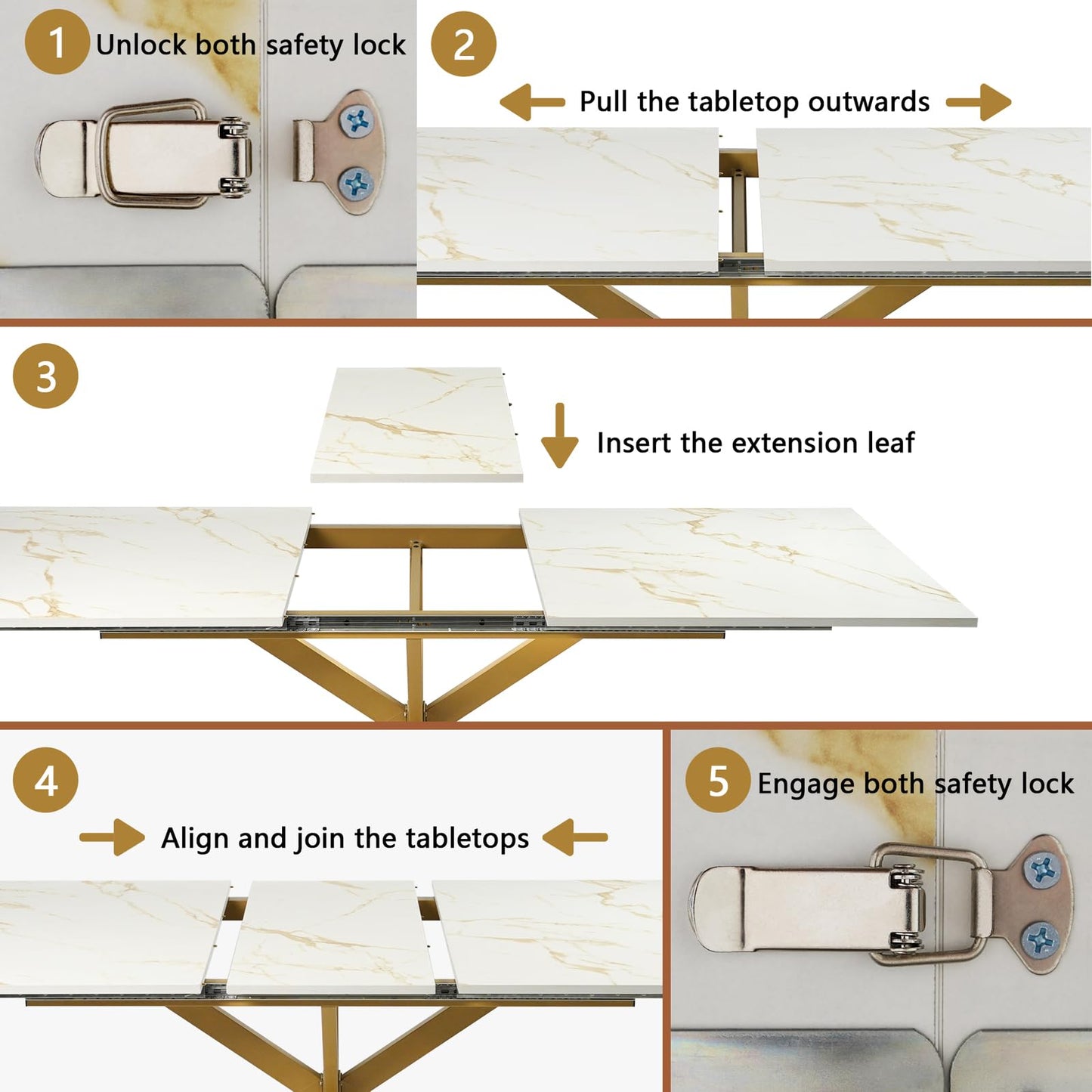 63"-79" Extendable Dining Table for 6-10 People, Modern Rectangle Extendable Kitchen Table with Gold Faux Marble Tabletop and Gold Metal Cross Legs for Restaurant/Dining Room/Kitchen/Living Room