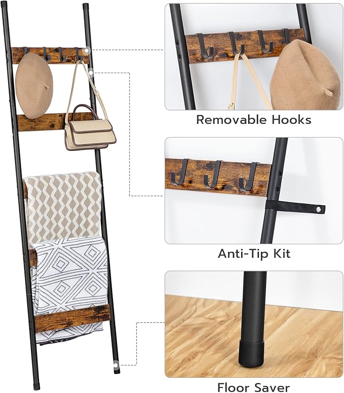 HOOBRO Blanket Ladder,Towel Rack with Hooks, Decorative Display Ladder Shelf, for Scarves, Industrial, Living Room, Bedroom, Rustic Brown and Black, BF52CJ01-BF13CJ01