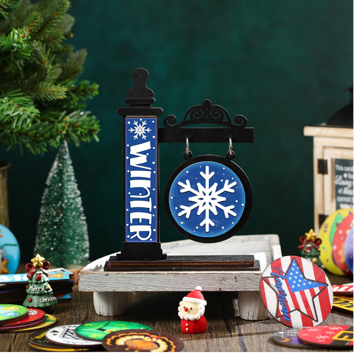 RattanView 41 Pcs Interchangeable Seasonal Decor Mini Standing Sign Farmhouse Convertible Holiday Wood Welcome Sign for Summer 4th of July World Bee Day Table Decor(Black)