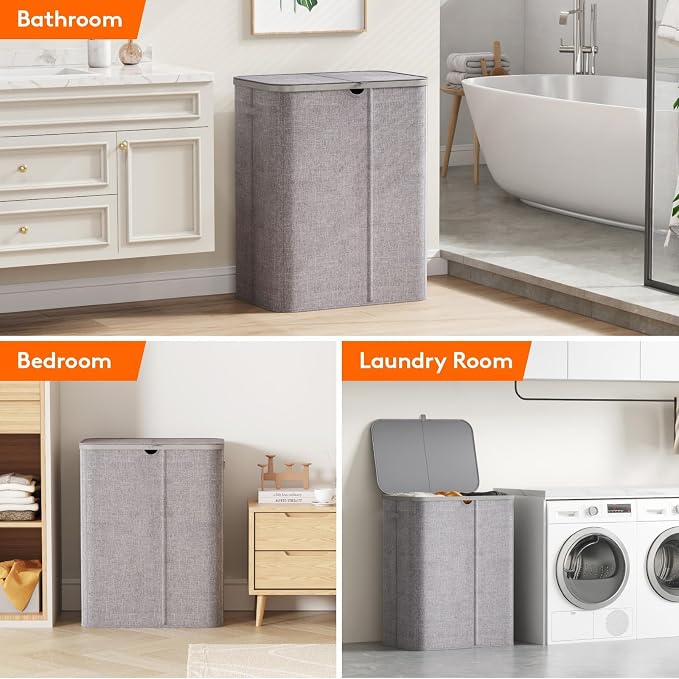 Lifewit 185L 3 Section Laundry Hamper with Lid, Large Laundry Basket with Handles and Removable Bags, Tall Clothes Hamper, Foldable Laundry Sorter for Bedroom Bathroom, Light Gray