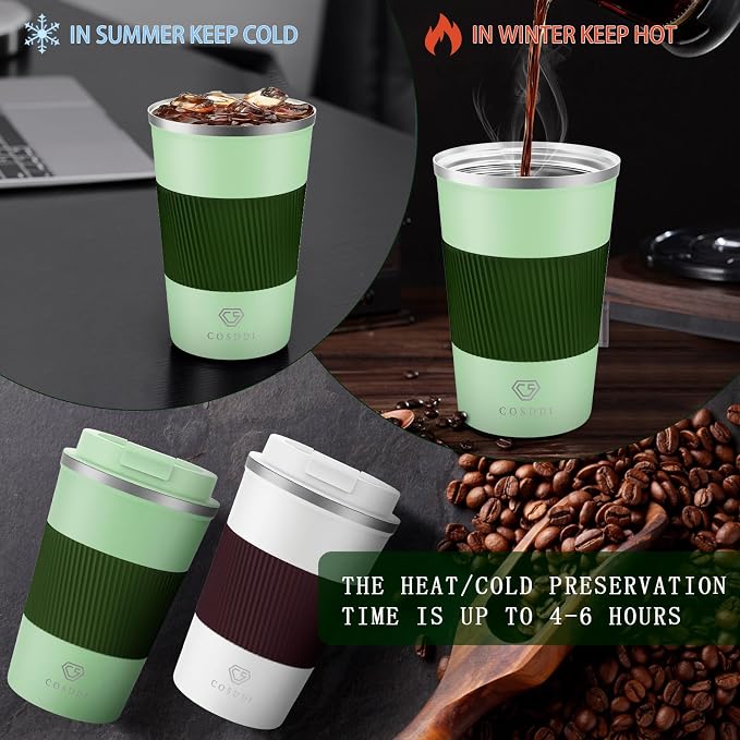 CS COSDDI 12 oz Stainless Steel Vacuum Insulated Tumbler - Coffee Travel Mug Spill Proof with Lid - coffee Cup for Keep Hot/Ice Coffee,Tea and Beer (3rd Light green)