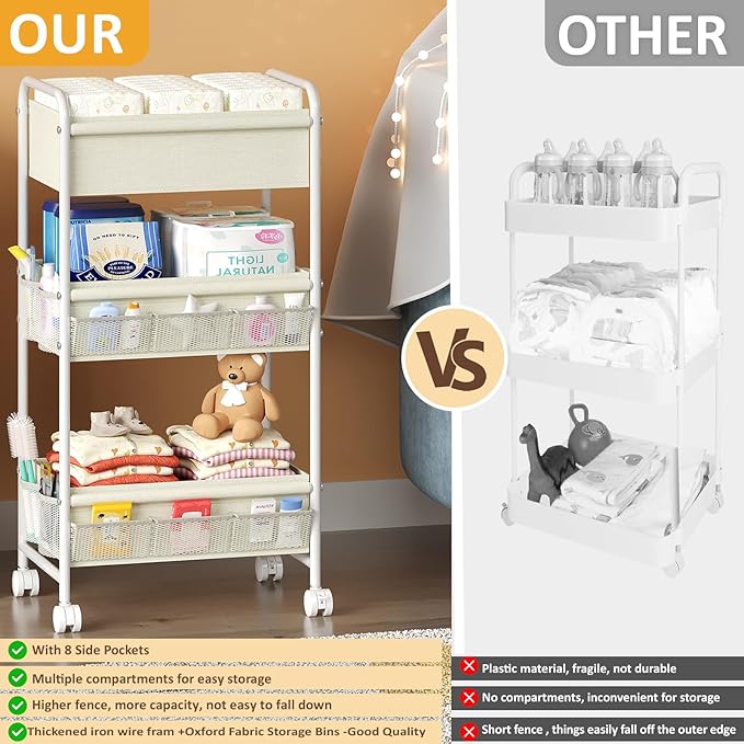 3-Tier Baby Diaper Caddy Cart Organizer,Mobile Nursery Storage Carts with Wheels,With 2 Dividers&14 Mesh Pockets Durable Metal Utility Cart for Nursery, Bedroom, Bathroom, Baby Essentials Organization