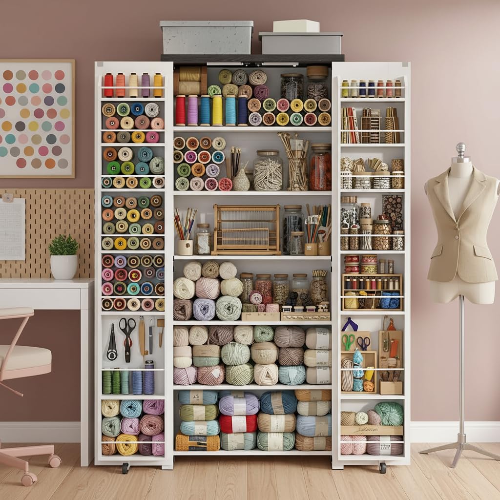 NEWOWNDS Craft Storage Cabinet with LED Lights – 72" Adjustable Shelves Sewing Organizer, Multi-Purpose Sewing Cabinet for Craft Room/Home Office Storage