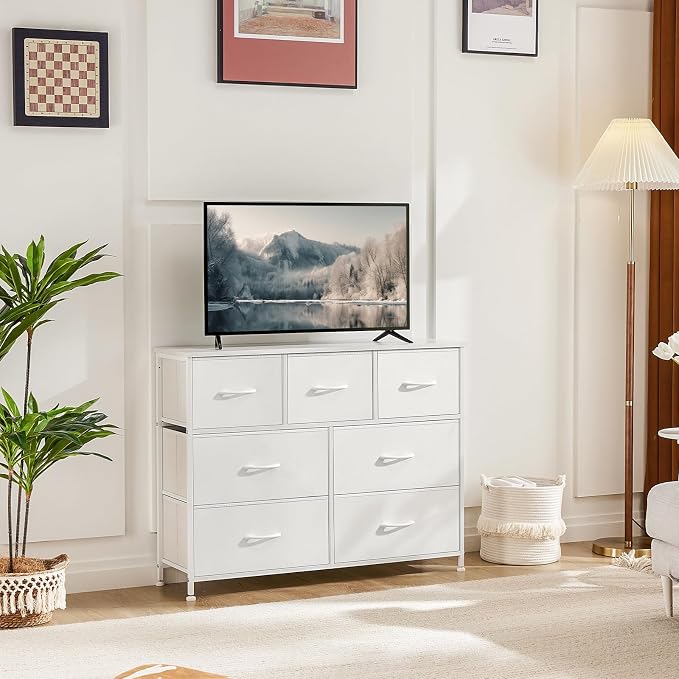 Sweetcrispy 7 Drawer Dresser Storage Organizer with Fabric Bins, Sturdy Steel Frame and Wood Top, Easy Pull Handles, for Bedroom Closet Hallway Entryway,White