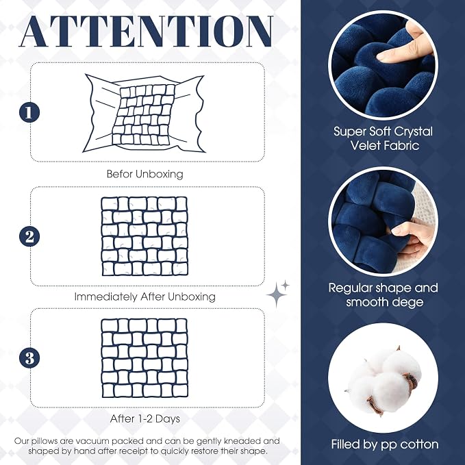 Wenqik 2 Pcs Knot Pillows Square Knotted Plush Throws Soft Accent Pillows Decoration Cushion for Couch Home Office Living Room Bedroom Bed Sofa Decor, 12'' x 13''(Navy Blue,Crystal Velvet)